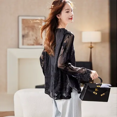 宝诗黎圆领提花镂空雪纺衫2025夏季时尚洋气休闲百搭防晒小衫女商品大图