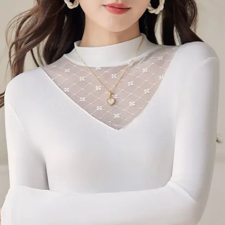 五公主高领蕾丝打底衫女秋冬新款妈妈气质小衫内搭减龄白色上衣薄商品大图