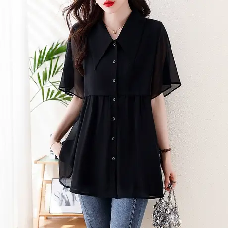 大码中长款雪纺衬衫女2025夏装新款气质洋气宽松遮肚子女上衣衬衣商品大图