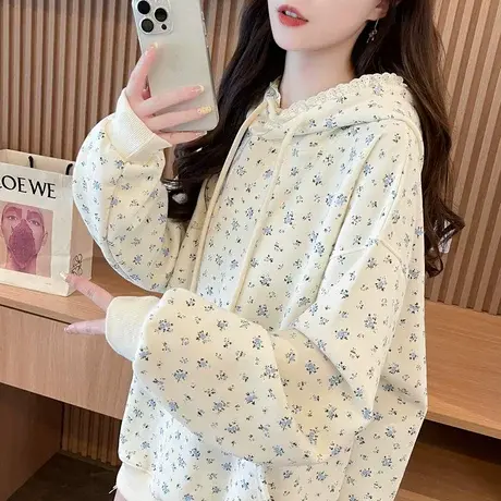 蕾丝花边拼接连帽卫衣女春秋季韩版宽松大码薄款早秋百搭碎花外套商品大图