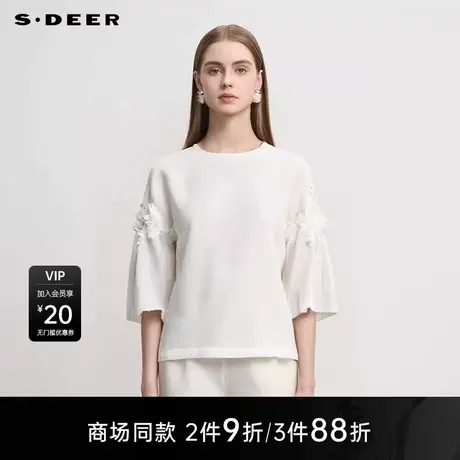 【商场同款】sdeer圣迪奥女田园风圆领肌理绣花中袖T恤S25280152图片