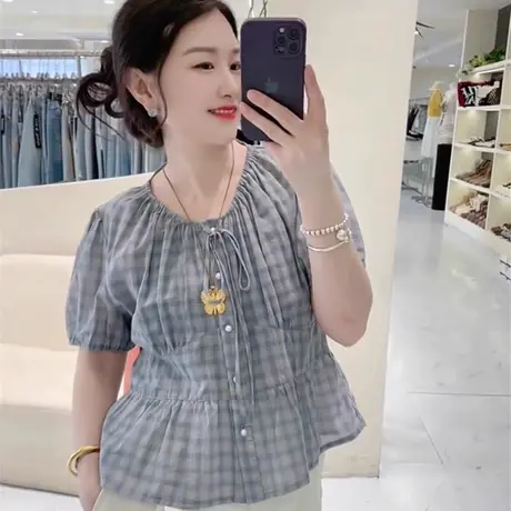 格子短袖衬衫女2025夏季新款收腰显瘦荷叶边泡泡袖上衣遮肚小衫图片