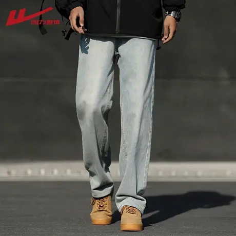回力浅蓝色水洗牛仔裤男2024春季新款美式潮牌宽松直筒休闲长裤子商品大图