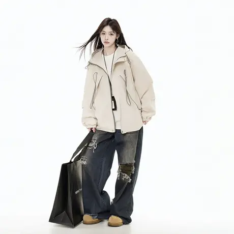 设计感连帽外套女春季2025新款潮牌复古运动夹克宽松美式长袖上衣图片