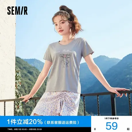 森马短袖T恤女圆领印花打底衫温柔甜妹夏季蝴蝶结衣服甜美风小众商品大图