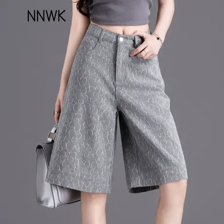 高级感灰色提花牛仔短裤女夏2025新款直筒薄款中裤高腰显瘦阔腿裤商品大图