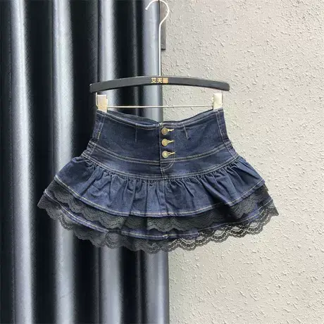 春夏新款辣妹超短裙女高腰显瘦花边复古荷叶蓬蓬裙蛋糕牛仔半身裙商品大图