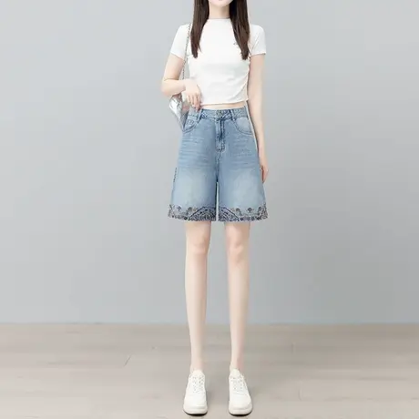 民族风刺绣牛仔短裤女夏季薄款高腰显瘦宽松a字绣花直筒五分裤子商品大图