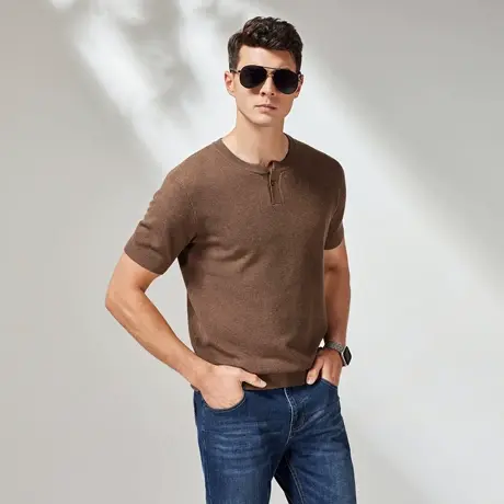 重磅菠萝纹亨利领针织短袖T恤男士美式复古打底衫男2025春夏新款图片