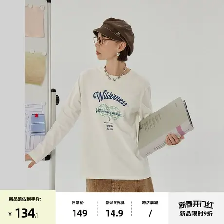 omont蛋挞家  复古印花纯棉长袖T恤女春季圆领宽松休闲内搭上衣图片