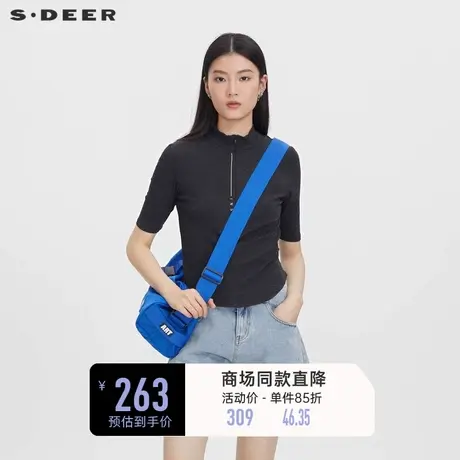 sdeer圣迪奥女装夏季设计感立领上衣撞色拉链中袖T恤S23280101🧟商品大图