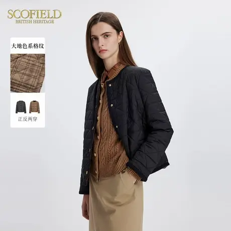 Scofield女气质简约圆领格子外套双面穿短款棉服冬季图片