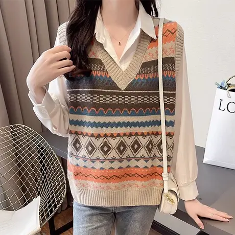 复古提花针织马甲女春秋2025年新款叠穿宽松显瘦毛线坎肩背心上衣商品大图