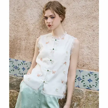a02【新中式穿搭】蕾丝拼接刺绣高端气质女式衬衫夏季无袖上衣商品大图