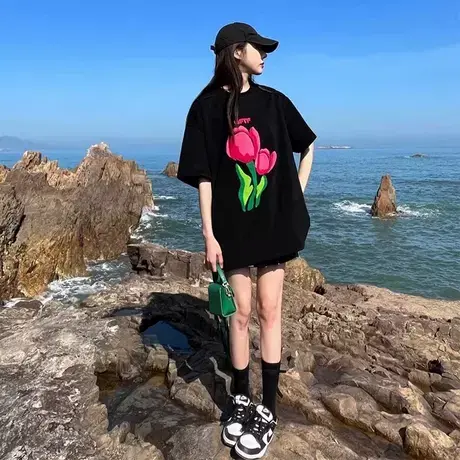 黑色纯棉短袖T恤女2025夏季新款宽松百搭下衣失踪花朵半袖上衣潮商品大图
