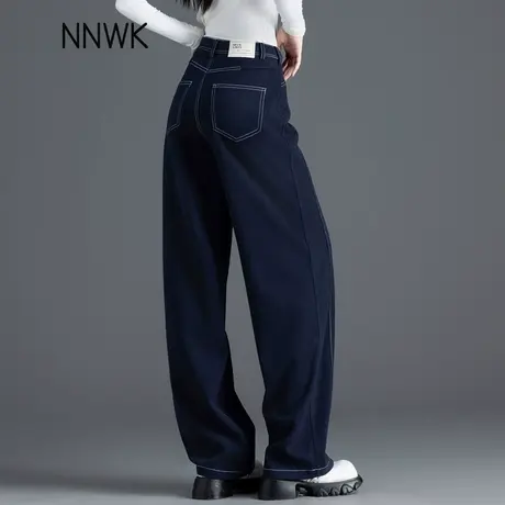 藏青色阔腿裤女2025新款春秋加厚仿毛呢裤子高腰显瘦休闲直筒长裤图片