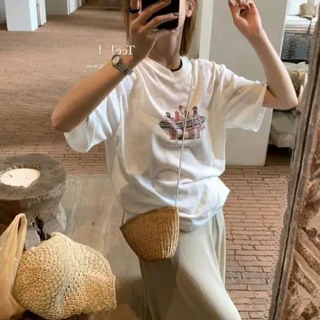 美式复古卡通印花白色苎麻宽松短袖t恤女独特上衣超好看夏季女装商品大图