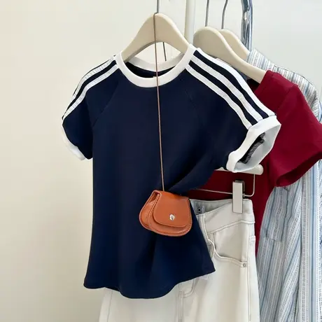 条纹正肩短袖T恤女夏季2025新款修身韩版打底衫内搭短款插肩上衣图片