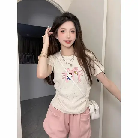 甜妹风彩虹波点洋气褶皱收腰短袖t恤女2025夏季新款正肩圆领上衣商品大图