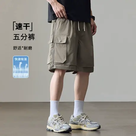 设计感拉链薄款速干工装短裤男士2025夏季新款宽松大码抽绳五分裤图片