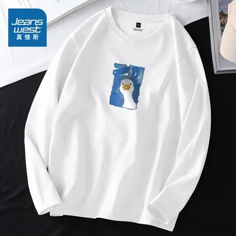 JR真维斯男装学生打底衫2024冬季新款纯棉圆领印花休闲长袖T恤潮图片