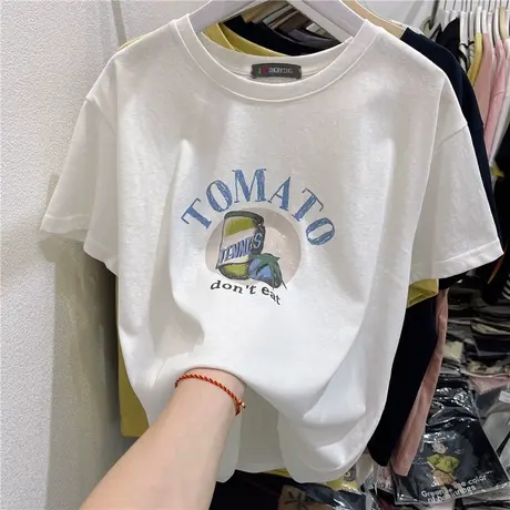 2025夏季新款韩版百搭t恤宽松可乐瓶字母印花雪花棉圆领短袖上衣商品大图