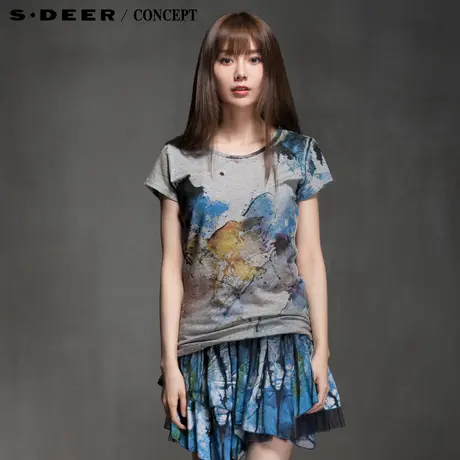 【新品】sdeer圣迪奥专柜正品女颜料涂鸦印花短袖T恤5280150图片