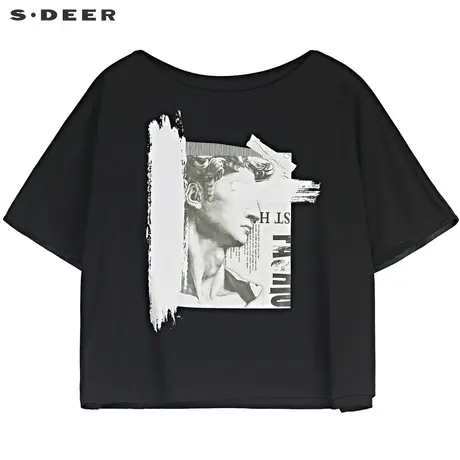 sdeer圣迪奥2019夏装新款黑宽松人像字母印花蝙蝠袖T恤S19280134图片