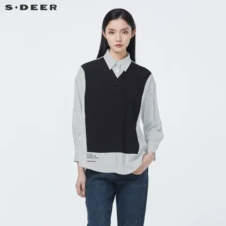 【直播间秒杀专属】sdeer圣迪奥条纹衬衫假两件针织衫S22163501图片