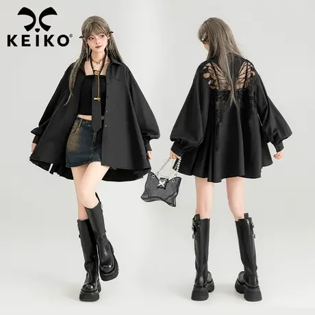 KEIKO 蝴蝶刺绣黑色短袖衬衫女25夏季设计感泡泡袖上衣宽松防晒衫图片