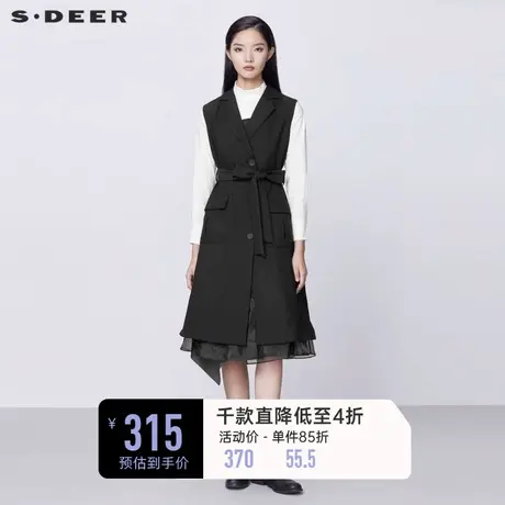sdeer圣迪奥女装春装休闲西装领收腰网纱拼接长款马甲S21381603图片