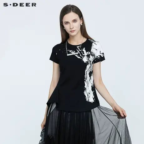sdeer圣迪奥女装夏装个性圆领泼墨印花短袖T恤S21280175图片