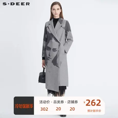 sdeer圣迪奥女装西装领人像印花中长款毛呢大衣女外套S20481818图片
