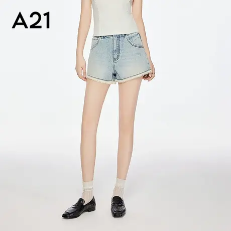 A21女装天蓝色毛边磨白2025新款牛仔短裤夏季简约百搭宽松直筒裤图片