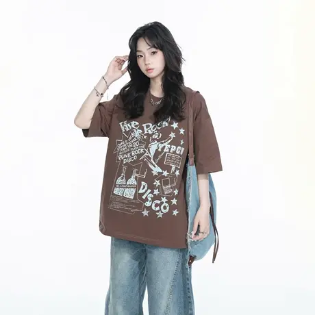 YEP2025春夏新款印花T恤情侣款美式复古街头潮流设计感短袖上衣商品大图