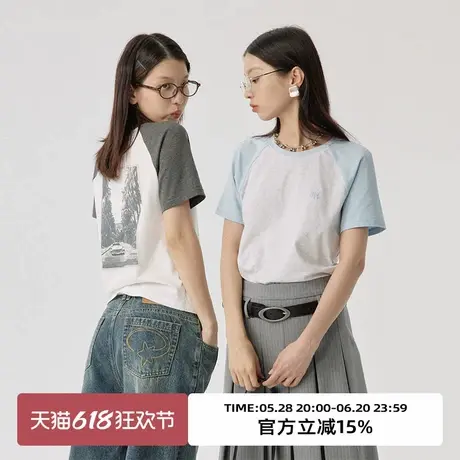 omont蛋挞家 复古插肩袖印花短袖T恤夏季新撞色圆领休闲上衣商品大图