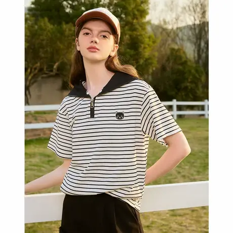 a02撞色拼接条纹设计短袖上衣夏季猫头刺绣休闲百搭女式T恤商品大图