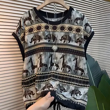 2025夏季新款时尚百搭圆领无袖雪纺衫宽松显瘦复古印花衬衫女上衣商品大图