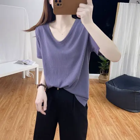 亚麻短袖白t恤女2025夏新款宽松棉麻纯色打底衫透气V领薄款上衣商品大图