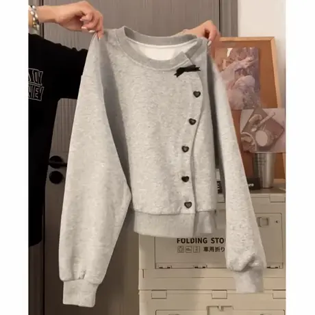 蝴蝶结设计感圆领长袖卫衣女春秋薄款宽松韩版纽扣开衫短款上衣潮图片