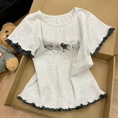 蝴蝶结拼接设计感小众短袖T恤女夏季修身韩版撞色木耳边半袖上衣商品大图