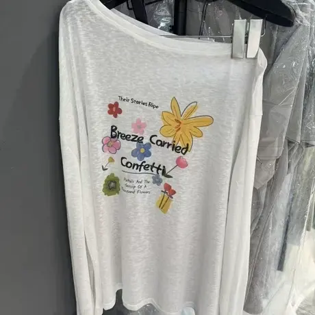 2025夏季新款韩版卡通字母印花休闲百搭减龄斜领一字肩长袖T恤女商品大图