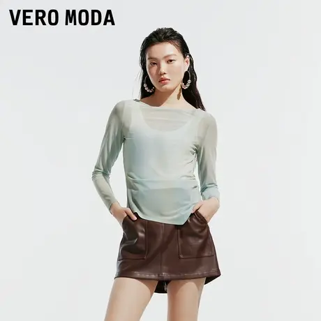 Vero Moda奥莱T恤女春夏新款网纱修身不规则下摆抽褶百搭上衣长袖商品大图