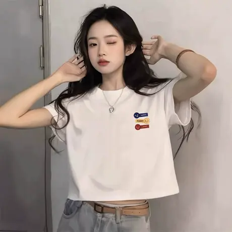 欧货小个子白色正肩短袖t恤女2025新款夏季高腰修身显瘦短款上衣商品大图