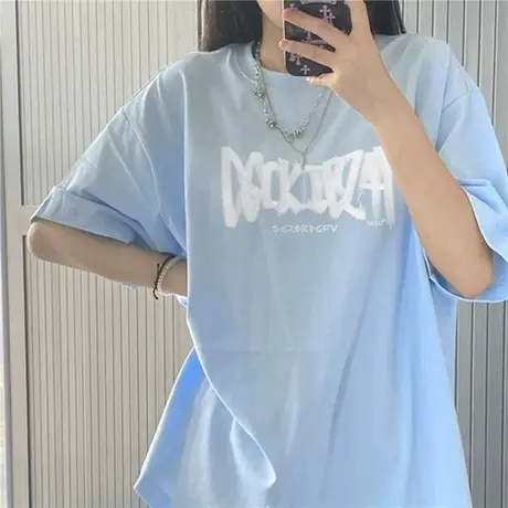 浅蓝色短袖t恤女夏季新款多巴胺穿搭圆领纯棉韩版小个子宽松上衣商品大图