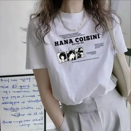 2025新款夏季短袖t恤女别致独特字母印花半高领宽松正肩纯棉上衣商品大图