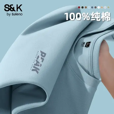 班尼路S&K蓝色长袖t恤男纯棉重磅秋季新款简约字母打底衫上衣春秋商品大图