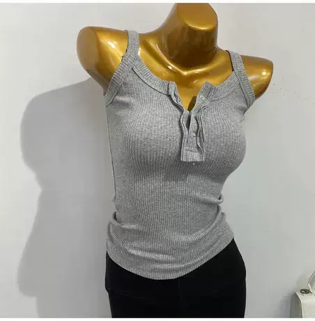 内搭bi备！韩国同款摁扣无袖背心女修身百搭螺纹棉吊带打底上衣潮商品大图