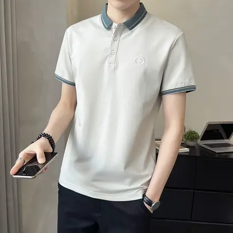 2025夏季新款男士冰丝短袖翻领polo衫休闲半袖珠地棉夏装青年t恤商品大图