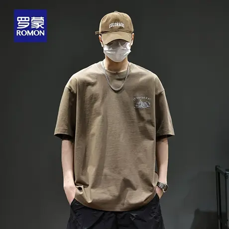 罗蒙重磅男士印花夏季大码T恤衫潮牌宽松纯棉美式百搭短袖上衣N1Z图片